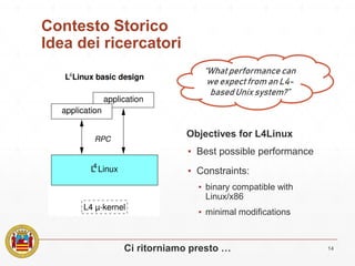 Contesto Storico
Idea dei ricercatori
▪ Best possible performance
▪ Constraints:
▪ binary compatible with
Linux/x86
▪ minimal modifications
14
“What performance can
we expect from an L4-
based Unix system?”
Objectives for L4Linux
Ci ritorniamo presto …
 