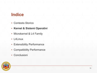 Indice
▪ Contesto Storico
▪ Kernel & Sistemi Operativi
▪ Microkernel & L4 Family
▪ L4Linux
▪ Extensibility Performance
▪ Compatibility Performance
▪ Conclusioni
15
 