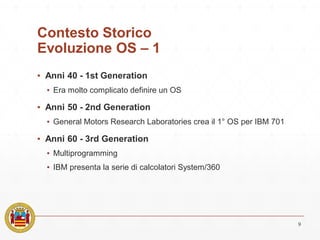 Contesto Storico
Evoluzione OS – 1
▪ Anni 40 - 1st Generation
▪ Era molto complicato definire un OS
▪ Anni 50 - 2nd Generation
▪ General Motors Research Laboratories crea il 1° OS per IBM 701
▪ Anni 60 - 3rd Generation
▪ Multiprogramming
▪ IBM presenta la serie di calcolatori System/360
9
 
