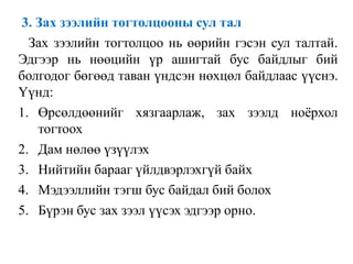 3. Зах зээлийн тогтолцооны сул тал
Зах зээлийн тогтолцоо нь өөрийн гэсэн сул талтай.
Эдгээр нь нөөцийн үр ашигтай бус байдлыг бий
болгодог бөгөөд таван үндсэн нөхцөл байдлаас үүснэ.
Үүнд:
1. Өрсөлдөөнийг хязгаарлаж, зах зээлд ноёрхол
тогтоох
2. Дам нөлөө үзүүлэх
3. Нийтийн барааг үйлдвэрлэхгүй байх
4. Мэдээллийн тэгш бус байдал бий болох
5. Бүрэн бус зах зээл үүсэх эдгээр орно.
 