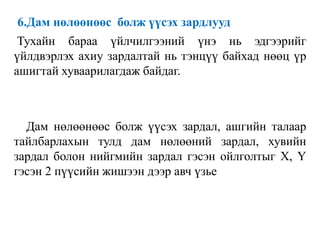 6.Дам нөлөөнөөс болж үүсэх зардлууд
Тухайн бараа үйлчилгээний үнэ нь эдгээрийг
үйлдвэрлэх ахиу зардалтай нь тэнцүү байхад нөөц үр
ашигтай хуваарилагдаж байдаг.
Дам нөлөөнөөс болж үүсэх зардал, ашгийн талаар
тайлбарлахын тулд дам нөлөөний зардал, хувийн
зардал болон нийгмийн зардал гэсэн ойлголтыг X, Ү
гэсэн 2 пүүсийн жишээн дээр авч үзье
 