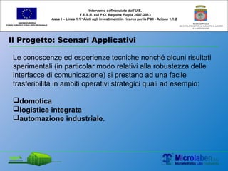 Il Progetto: Scenari Applicativi
UNIONE EUROPEA
FONDO EUROPEO DI SVILUPPO REGIONALE
REGIONE PUGLIA
AREA POLITICHE PER LO SVILUPPO IL LAVORO
E L’INNOVAZIONE
Le conoscenze ed esperienze tecniche nonché alcuni risultati
sperimentali (in particolar modo relativi alla robustezza delle
interfacce di comunicazione) si prestano ad una facile
trasferibilità in ambiti operativi strategici quali ad esempio:
domotica
logistica integrata
automazione industriale.
Intervento cofinanziato dall’U.E.
F.E.S.R. sul P.O. Regione Puglia 2007-2013
Asse I – Linea 1.1 “Aiuti agli investimenti in ricerca per le PMI - Azione 1.1.2
 