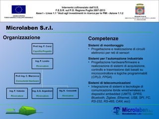 Microlaben S.r.l.
UNIONE EUROPEA
FONDO EUROPEO DI SVILUPPO REGIONALE
REGIONE PUGLIA
AREA POLITICHE PER LO SVILUPPO IL LAVORO
E L’INNOVAZIONE
Intervento cofinanziato dall’U.E.
F.E.S.R. sul P.O. Regione Puglia 2007-2013
Asse I – Linea 1.1 “Aiuti agli investimenti in ricerca per le PMI - Azione 1.1.2
Competenze
Sistemi di monitoraggio
• Progettazione e realizzazione di circuiti
elettronici per reti di sensori
Sistemi per l’automazione industriale
• Progettazione hardware/firmware e
realizzazione di sistemi di acquisizione,
controllo e trasmissione dati basati su
microcontrollore e logiche programmabili
(CPLD, FPGA)
Sistemi di telecomunicazioni
• Integrazione di sistemi e tecnologie di
comunicazione ibride wired/wireless su
dispositivi embedded (UMTS, GPRS,
Bluetooth, Zigbee, Ethernet, USB, SPI, I2
C,
RS-232, RS-485, CAN, ecc)
Organizzazione
 