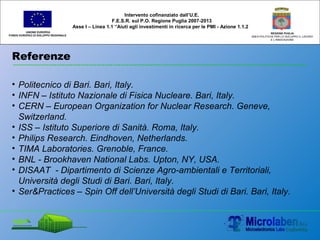 Referenze
UNIONE EUROPEA
FONDO EUROPEO DI SVILUPPO REGIONALE
REGIONE PUGLIA
AREA POLITICHE PER LO SVILUPPO IL LAVORO
E L’INNOVAZIONE
• Politecnico di Bari. Bari, Italy.
• INFN – Istituto Nazionale di Fisica Nucleare. Bari, Italy.
• CERN – European Organization for Nuclear Research. Geneve,
Switzerland.
• ISS – Istituto Superiore di Sanità. Roma, Italy.
• Philips Research. Eindhoven, Netherlands.
• TIMA Laboratories. Grenoble, France.
• BNL - Brookhaven National Labs. Upton, NY, USA.
• DISAAT - Dipartimento di Scienze Agro-ambientali e Territoriali,
Università degli Studi di Bari. Bari, Italy.
• Ser&Practices – Spin Off dell’Università degli Studi di Bari. Bari, Italy.
Intervento cofinanziato dall’U.E.
F.E.S.R. sul P.O. Regione Puglia 2007-2013
Asse I – Linea 1.1 “Aiuti agli investimenti in ricerca per le PMI - Azione 1.1.2
 