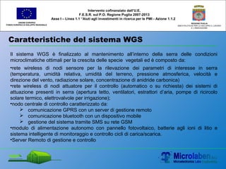 Caratteristiche del sistema WGS
UNIONE EUROPEA
FONDO EUROPEO DI SVILUPPO REGIONALE
REGIONE PUGLIA
AREA POLITICHE PER LO SVILUPPO IL LAVORO
E L’INNOVAZIONE
Intervento cofinanziato dall’U.E.
F.E.S.R. sul P.O. Regione Puglia 2007-2013
Asse I – Linea 1.1 “Aiuti agli investimenti in ricerca per le PMI - Azione 1.1.2
Il sistema WGS è finalizzato al mantenimento all’interno della serra delle condizioni
microclimatiche ottimali per la crescita delle specie vegetali ed è composto da:
•rete wireless di nodi sensore per la rilevazione dei parametri di interesse in serra
(temperatura, umidità relativa, umidità del terreno, pressione atmosferica, velocità e
direzione del vento, radiazione solare, concentrazione di anidride carbonica)
•rete wireless di nodi attuatore per il controllo (automatico o su richiesta) dei sistemi di
attuazione presenti in serra (apertura tetto, ventilatori, estrattori d’aria, pompe di ricircolo
solare termico, elettrovalvole per irrigazione);
•nodo centrale di controllo caratterizzato da:
 comunicazione GPRS con un server di gestione remoto
 comunicazione bluetooth con un dispositivo mobile
 gestione del sistema tramite SMS su rete GSM
•modulo di alimentazione autonomo con pannello fotovoltaico, batterie agli ioni di litio e
sistema intelligente di monitoraggio e controllo cicli di carica/scarica.
•Server Remoto di gestione e controllo
 
