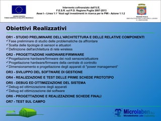 Obiettivi Realizzativi
UNIONE EUROPEA
FONDO EUROPEO DI SVILUPPO REGIONALE
REGIONE PUGLIA
AREA POLITICHE PER LO SVILUPPO IL LAVORO
E L’INNOVAZIONE
Intervento cofinanziato dall’U.E.
F.E.S.R. sul P.O. Regione Puglia 2007-2013
Asse I – Linea 1.1 “Aiuti agli investimenti in ricerca per le PMI - Azione 1.1.2
OR1 - STUDIO PRELIMINARE DELL'ARCHITETTURA E DELLE RELATIVE COMPONENTI
Fase preliminare di studio delle problematiche da affrontare
Scelta delle tipologie di sensori e attuatori
Definizione dell'architettura di rete wireless
OR2 - PROGETTAZIONE HARDWARE/FIRMWARE
Progettazione hardware/firmware dei nodi sensore/attuatore
Progettazione hardware/firmware della centrale di controllo
Dimensionamento e progettazione degli apparati di "power management“
OR3 - SVILUPPO DEL SOFTWARE DI GESTIONE
OR4 - REALIZZAZIONE E TEST DELLE PRIME SCHEDE PROTOTIPO
OR5 - DEBUG ED OTTIMIZZAZIONE DEL SISTEMA
Debug ed ottimizzazione degli apparati
Debug ed ottimizzazione del software
OR6 - PROGETTAZIONE E REALIZZAZIONE SCHEDE FINALI
OR7 - TEST SUL CAMPO
 