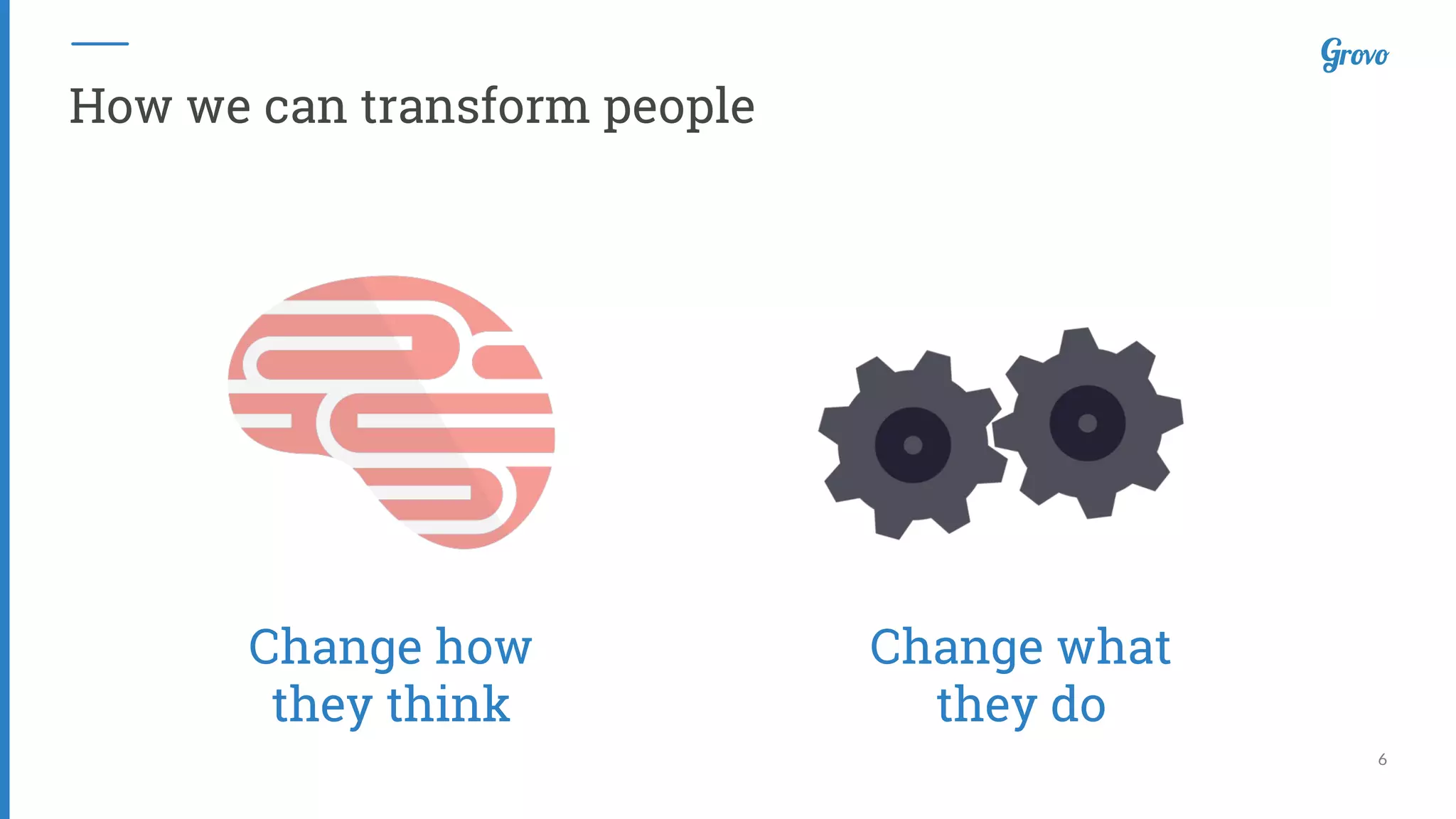 6
How we can transform people
Change what
they do
Change how
they think