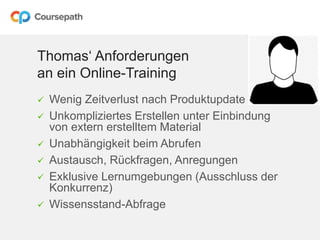 Thomas‘ Anforderungen
an ein Online-Training
 Wenig Zeitverlust nach Produktupdate
 Unkompliziertes Erstellen unter Einbindung
von extern erstelltem Material
 Unabhängigkeit beim Abrufen
 Austausch, Rückfragen, Anregungen
 Exklusive Lernumgebungen (Ausschluss der
Konkurrenz)
 Wissensstand-Abfrage
 