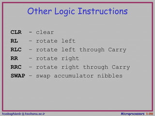 hsabaghianb @ kashanu.ac.irhsabaghianb @ kashanu.ac.ir MicroprocessorsMicroprocessors 1-1-101101
Other Logic Instructions
CLR - clear
RL – rotate left
RLC – rotate left through Carry
RR – rotate right
RRC – rotate right through Carry
SWAP – swap accumulator nibbles
 