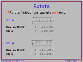 hsabaghianb @ kashanu.ac.irhsabaghianb @ kashanu.ac.ir MicroprocessorsMicroprocessors 1-1-103103
Rotate
Rotate instructions operate only on a
RL a
Mov a,#0xF0 ; a 11110000
RR a ; a 11100001
RR a
Mov a,#0xF0 ; a 11110000
RR a ; a 01111000
 