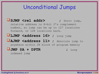 hsabaghianb @ kashanu.ac.irhsabaghianb @ kashanu.ac.ir MicroprocessorsMicroprocessors 1-1-110110
Unconditional Jumps
SJMP <rel addr> ; Short jump,
relative address is 8-bit 2’s complement
number, so jump can be up to 127 locations
forward, or 128 locations back.
LJMP <address 16> ; Long jump
AJMP <address 11> ; Absolute jump to
anywhere within 2K block of program memory
JMP @A + DPTR ; Long
indexed jump
 