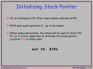 hsabaghianb @ kashanu.ac.irhsabaghianb @ kashanu.ac.ir MicroprocessorsMicroprocessors 1-1-123123
Initializing Stack Pointer
 SP is initialized to 07 after reset.(Same address as R7)
 With each push operation 1st
, pc is increased
 When using subroutines, the stack will be used to store the
PC, so it is very important to initialize the stack pointer.
Location 2Fh is often used.
mov SP, #2Fh
 