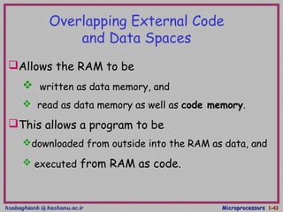hsabaghianb @ kashanu.ac.irhsabaghianb @ kashanu.ac.ir MicroprocessorsMicroprocessors 1-1-4242
Overlapping External Code
and Data Spaces
Allows the RAM to be
 written as data memory, and
 read as data memory as well as code memory.
This allows a program to be
downloaded from outside into the RAM as data, and
 executed from RAM as code.
 