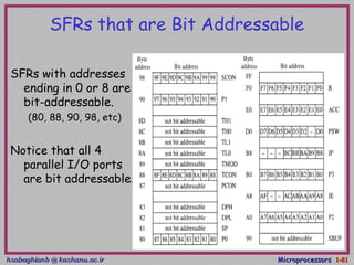 hsabaghianb @ kashanu.ac.irhsabaghianb @ kashanu.ac.ir MicroprocessorsMicroprocessors 1-1-8181
SFRs that are Bit Addressable
SFRs with addresses
ending in 0 or 8 are
bit-addressable.
(80, 88, 90, 98, etc)
Notice that all 4
parallel I/O ports
are bit addressable.
 