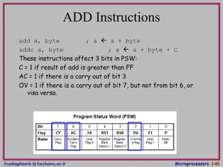 hsabaghianb @ kashanu.ac.irhsabaghianb @ kashanu.ac.ir MicroprocessorsMicroprocessors 1-1-8585
ADD Instructions
add a, byte ; a  a + byte
addc a, byte ; a  a + byte + C
These instructions affect 3 bits in PSW:
C = 1 if result of add is greater than FF
AC = 1 if there is a carry out of bit 3
OV = 1 if there is a carry out of bit 7, but not from bit 6, or
visa versa.
 