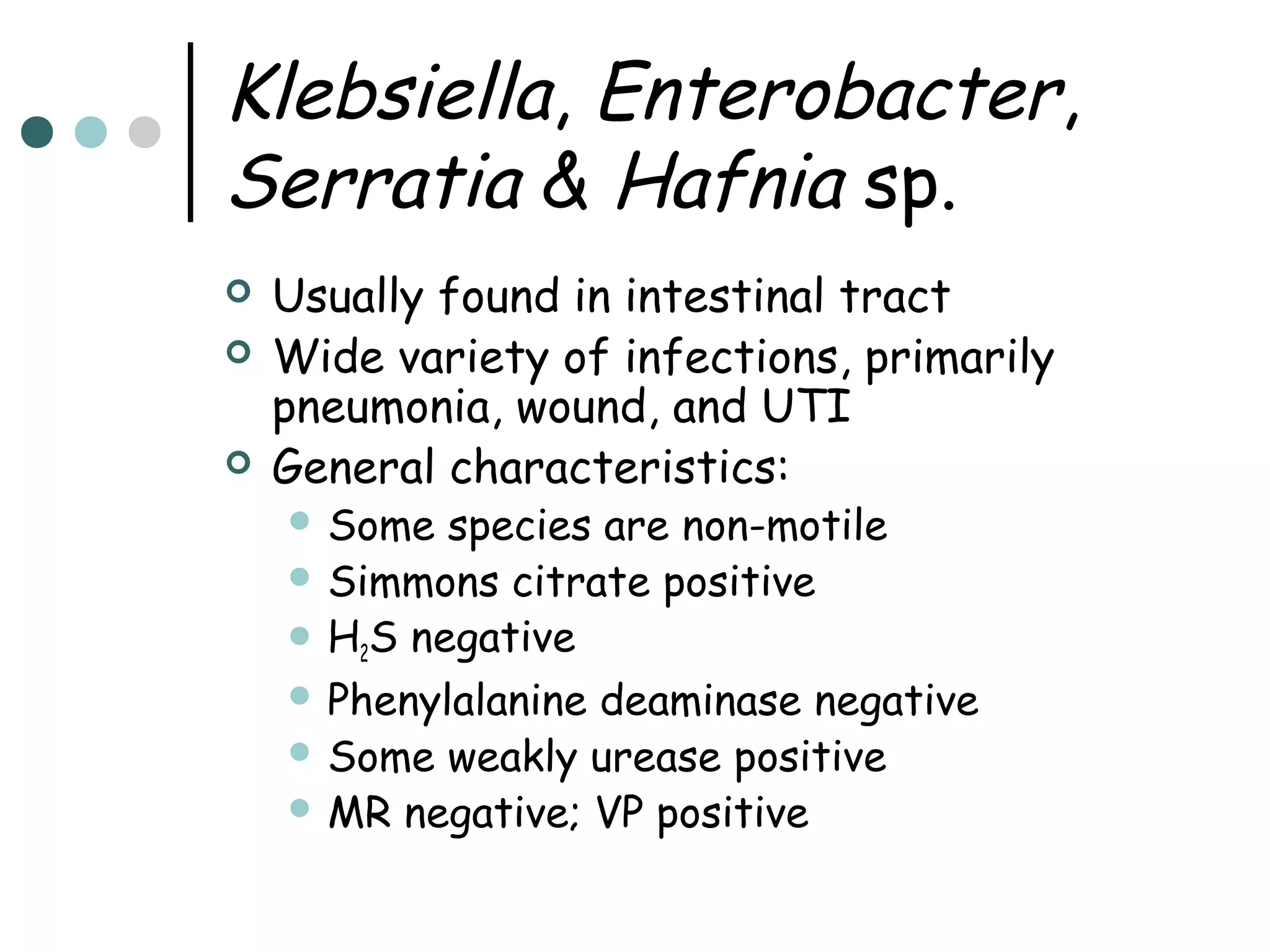 Klebsiella, Enterobacter,
Serratia & Hafnia sp.




Usually found in intestinal tract
Wide variety of infections, primarily
pneumonia, wound, and UTI
General characteristics:
 Some

species are non-motile
 Simmons citrate positive
 H2S negative
 Phenylalanine deaminase negative
 Some weakly urease positive
 MR negative; VP positive

 