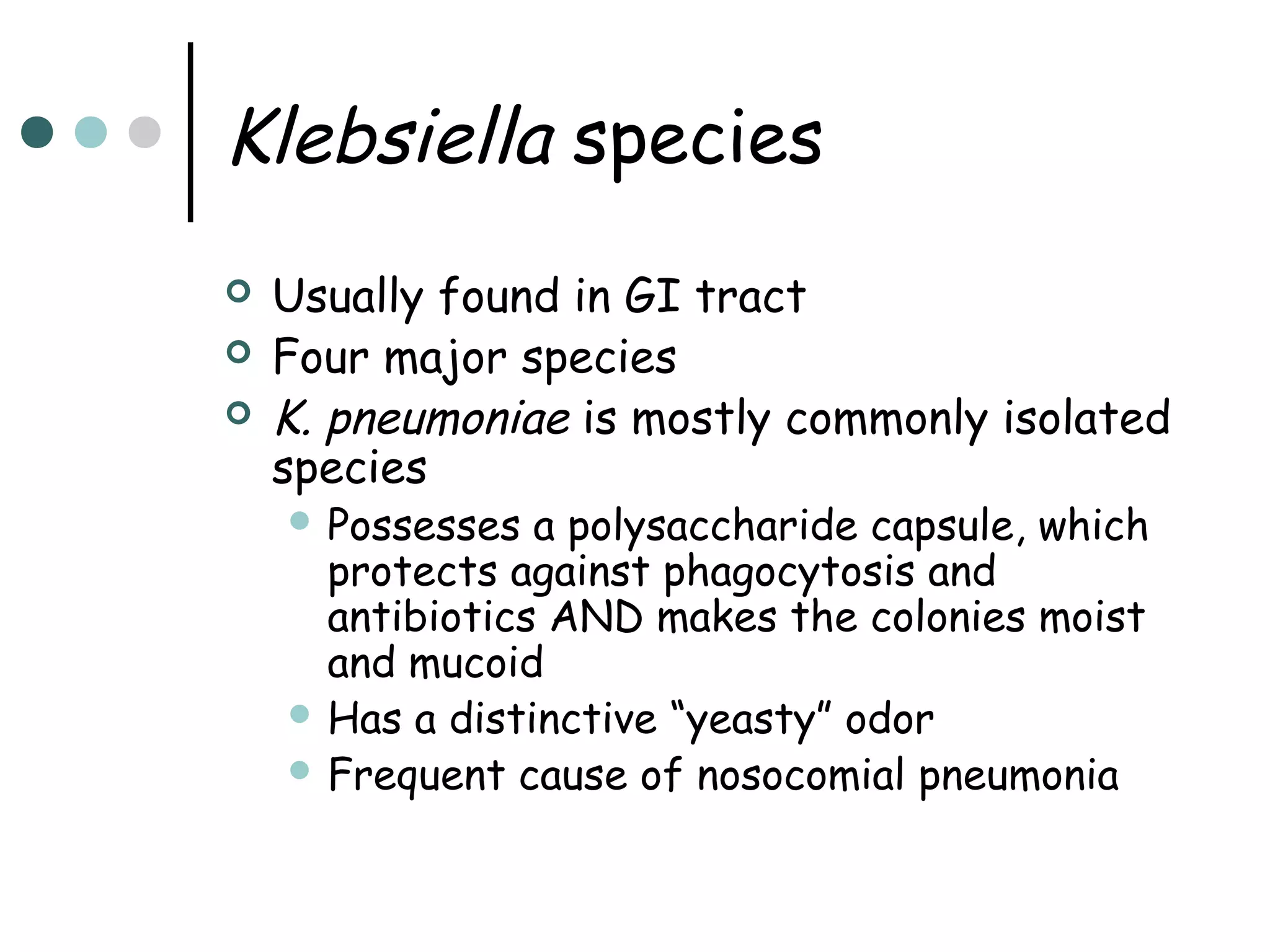 Klebsiella species




Usually found in GI tract
Four major species
K. pneumoniae is mostly commonly isolated
species
 Possesses

a polysaccharide capsule, which
protects against phagocytosis and
antibiotics AND makes the colonies moist
and mucoid
 Has a distinctive “yeasty” odor
 Frequent cause of nosocomial pneumonia

 