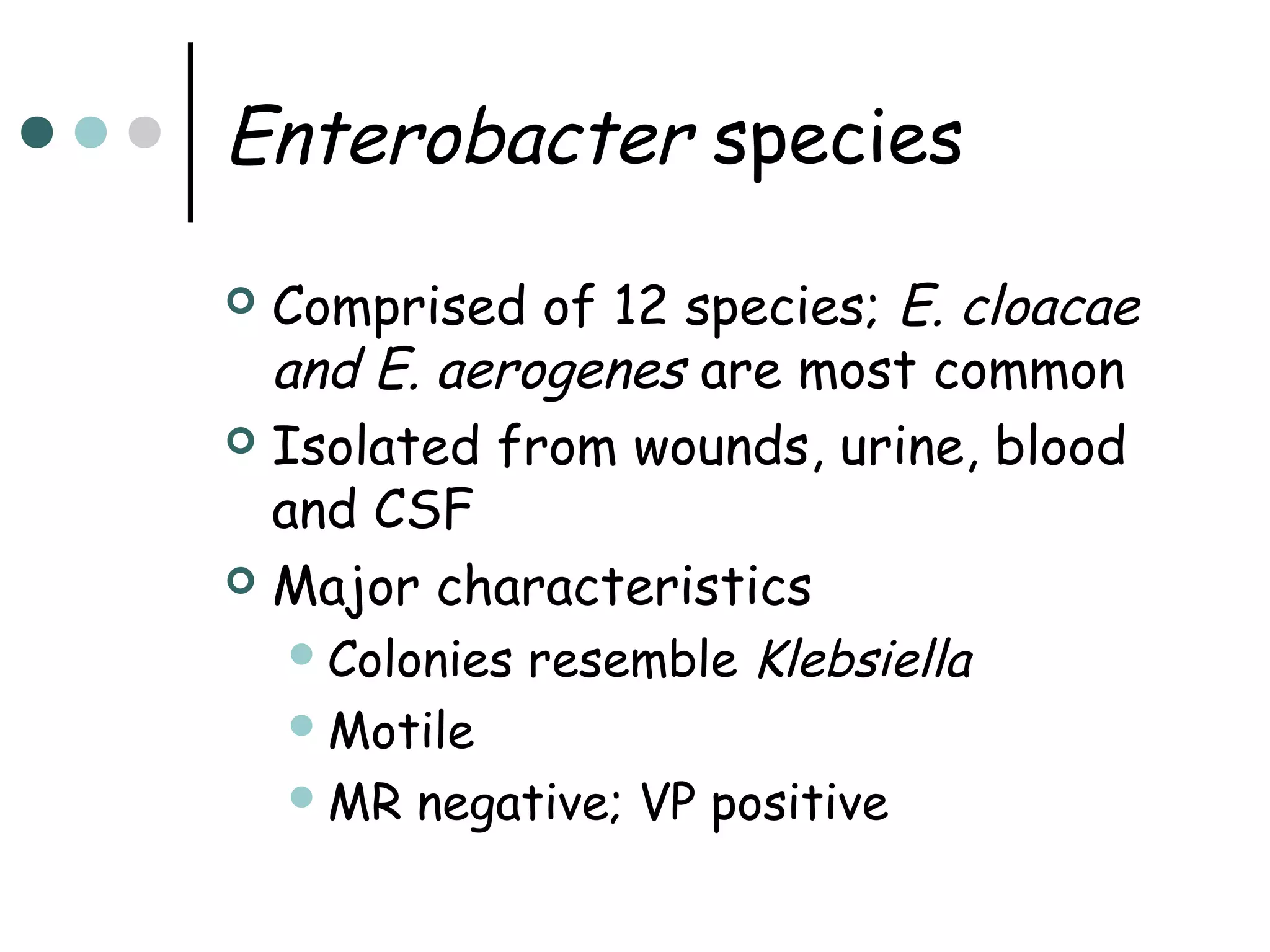 Enterobacter species
Comprised of 12 species; E. cloacae
and E. aerogenes are most common
 Isolated from wounds, urine, blood
and CSF
 Major characteristics
 Colonies resemble Klebsiella


 Motile
 MR

negative; VP positive

 