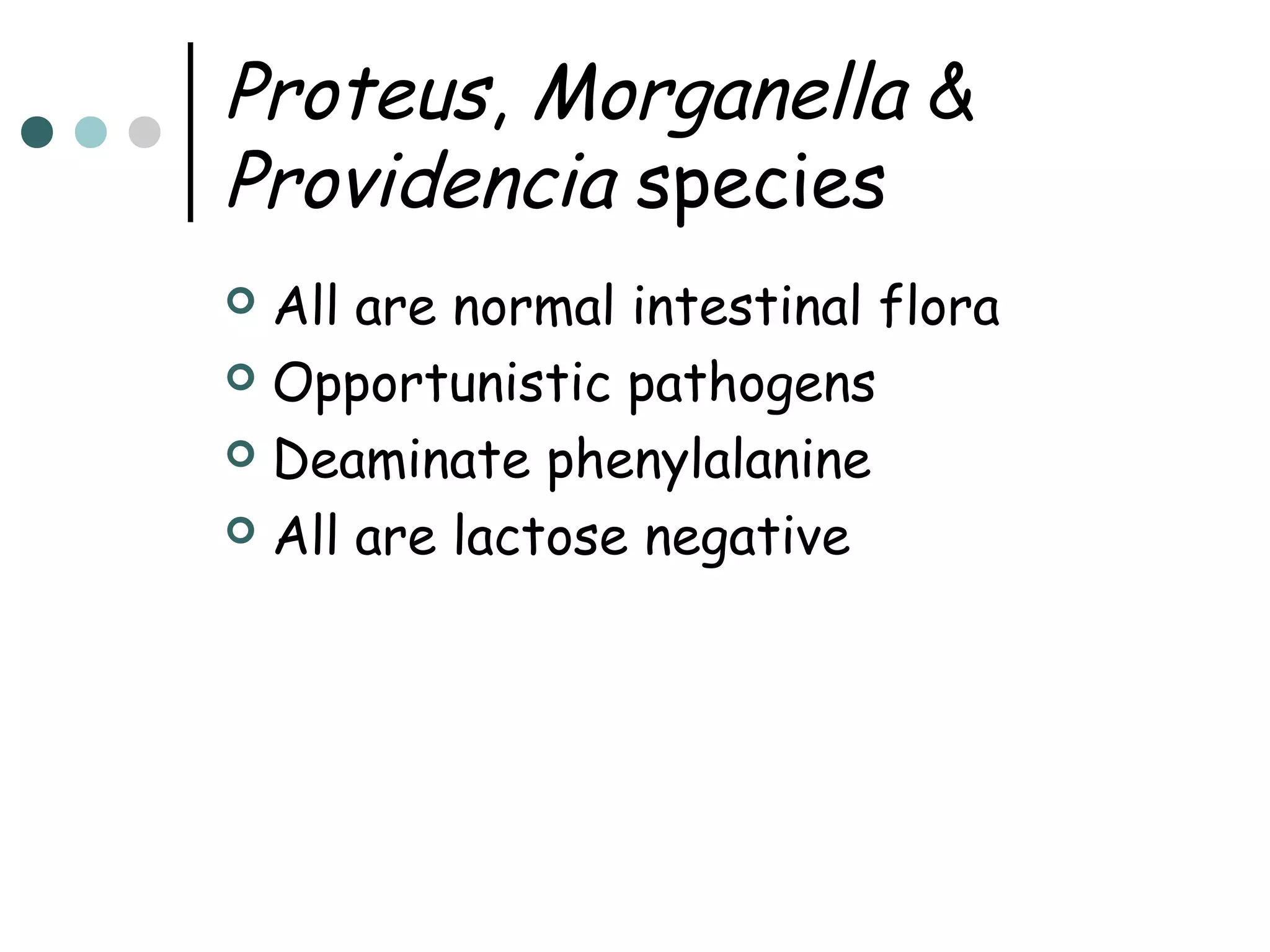 Proteus, Morganella &
Providencia species
All are normal intestinal flora
 Opportunistic pathogens
 Deaminate phenylalanine
 All are lactose negative


 