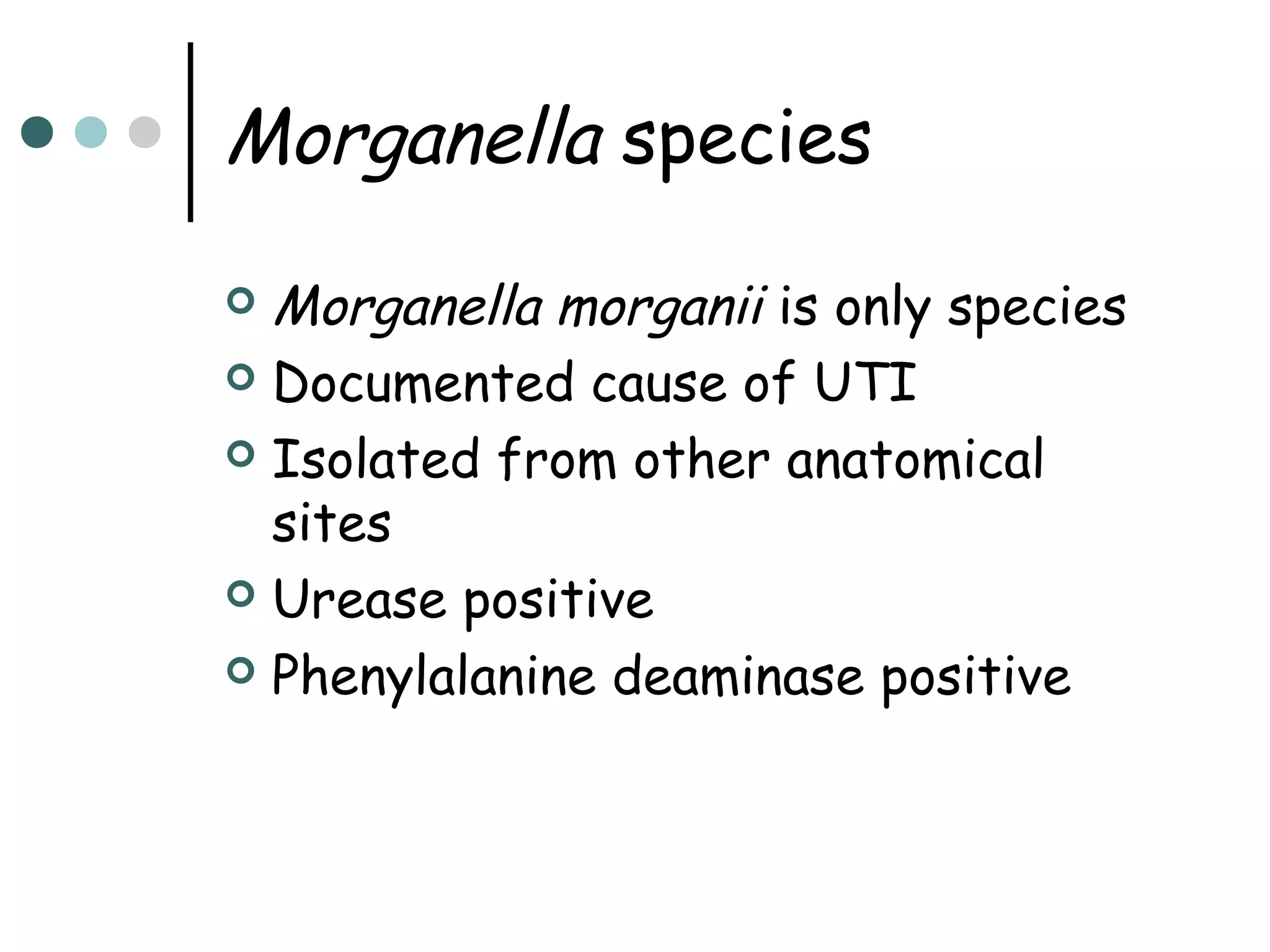 Morganella species
Morganella morganii is only species
 Documented cause of UTI
 Isolated from other anatomical
sites
 Urease positive
 Phenylalanine deaminase positive


 