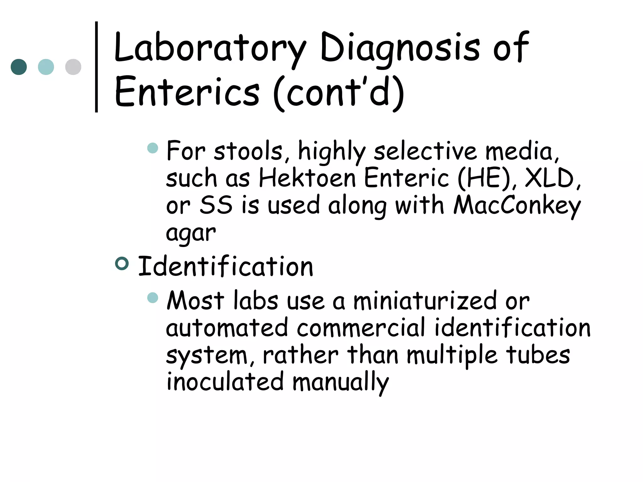 Laboratory Diagnosis of
Enterics (cont’d)
 For

stools, highly selective media,
such as Hektoen Enteric (HE), XLD,
or SS is used along with MacConkey
agar



Identification
 Most

labs use a miniaturized or
automated commercial identification
system, rather than multiple tubes
inoculated manually

 