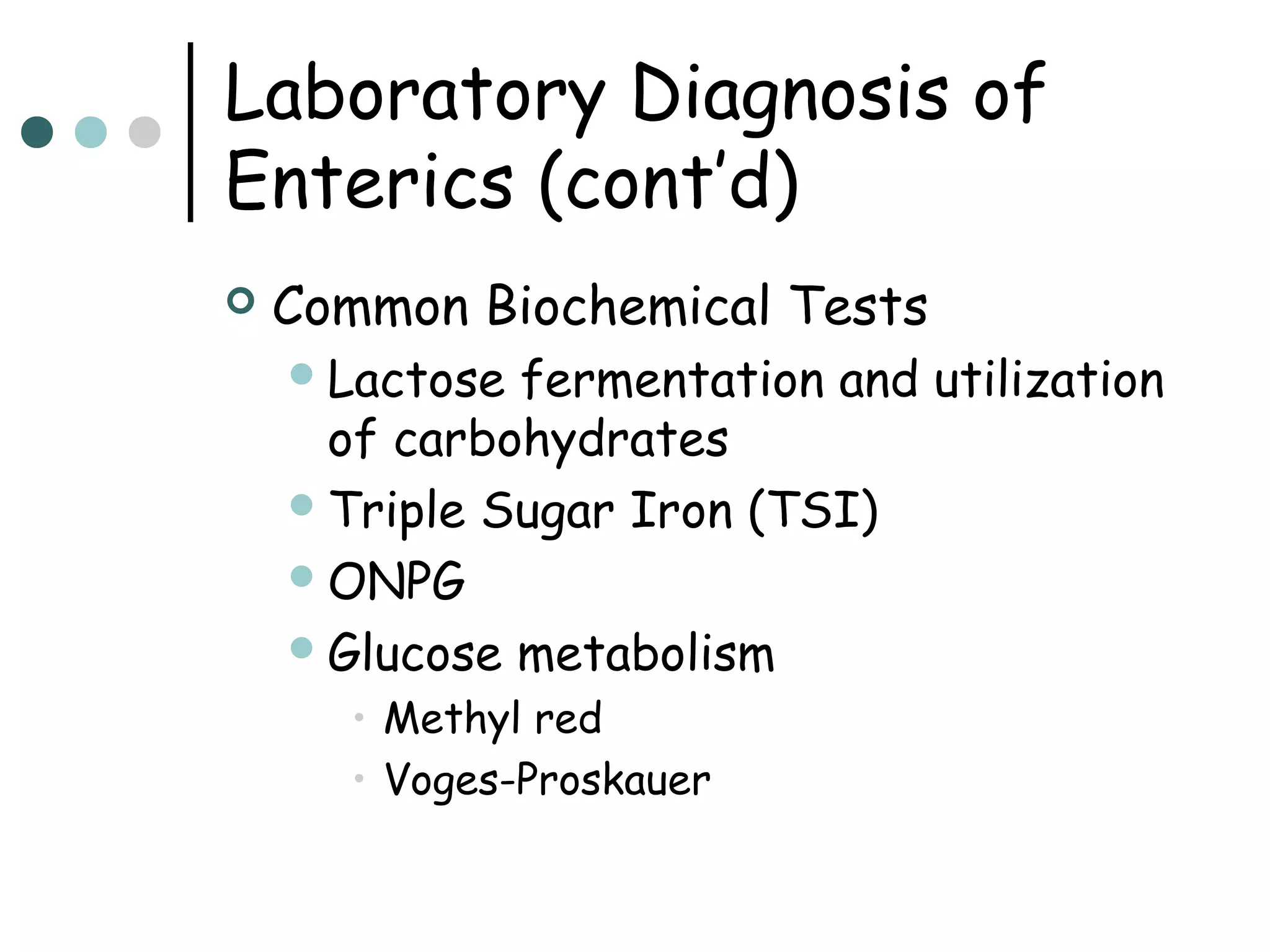 Laboratory Diagnosis of
Enterics (cont’d)


Common Biochemical Tests
 Lactose

fermentation and utilization
of carbohydrates
 Triple Sugar Iron (TSI)
 ONPG
 Glucose metabolism
• Methyl red
• Voges-Proskauer

 