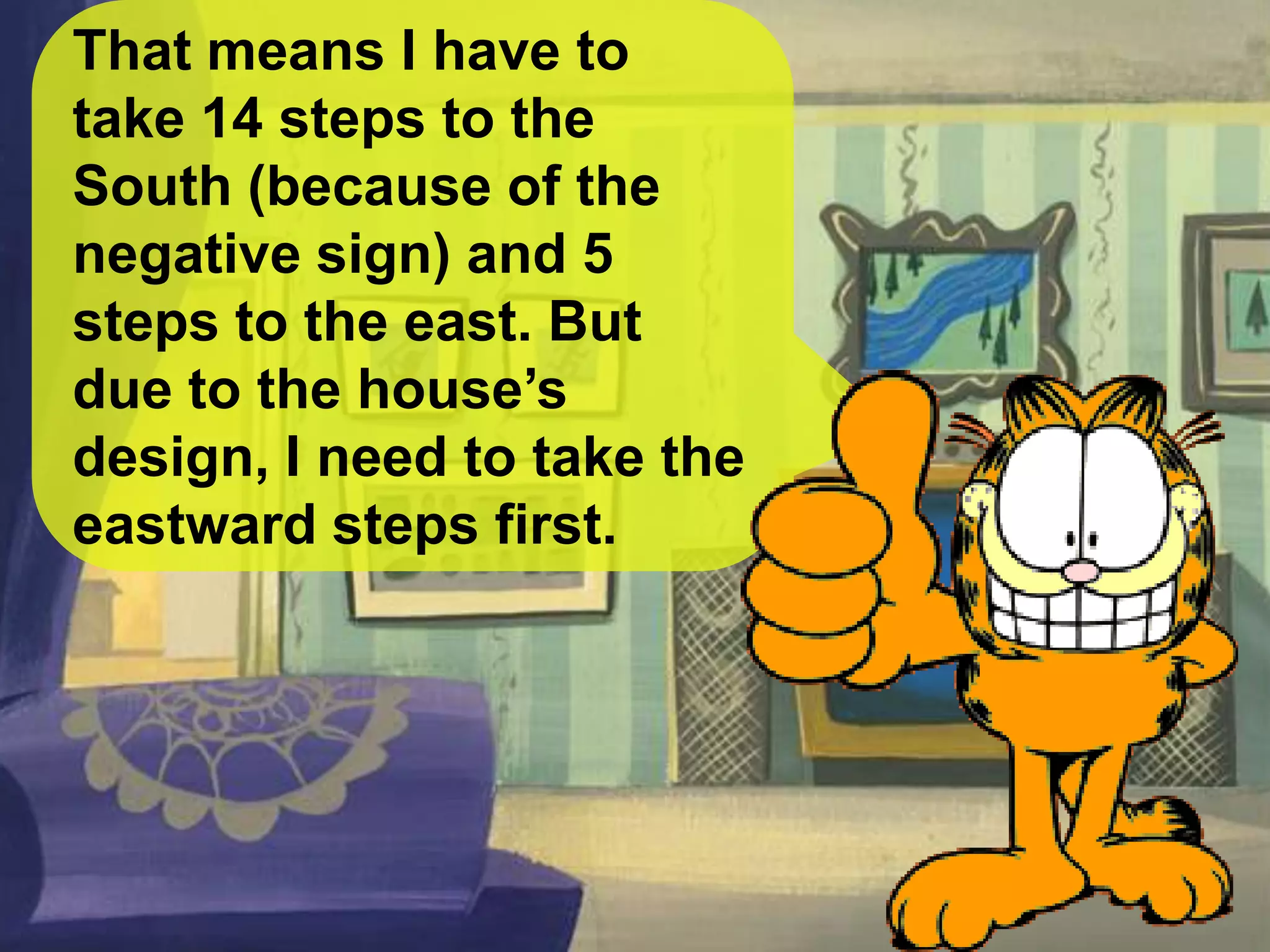 That means I have to
take 14 steps to the
South (because of the
negative sign) and 5
steps to the east. But
due to the house’s
design, I need to take the
eastward steps first.
 