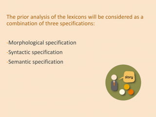 The prior analysis of the lexicons will be considered as a
combination of three specifications:
-Morphological specification
-Syntactic specification
-Semantic specification
 