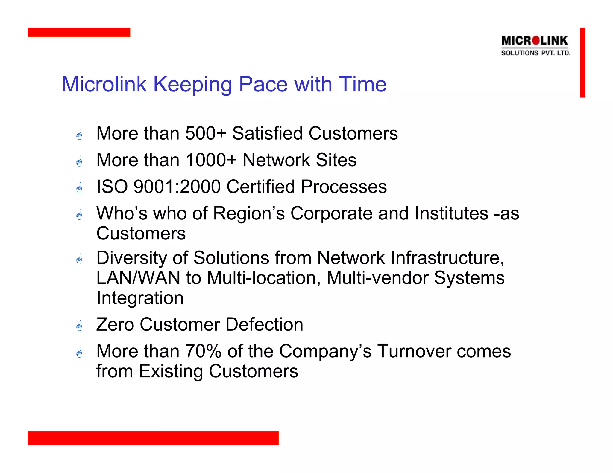 Microlink Keeping Pace with Time

   More than 500+ Satisfied Customers
   More than 1000+ Network Sites
   ISO 9001:2000 Certified Processes
   Who’s who of Region’s Corporate and Institutes -as
   Customers
   Diversity of Solutions from Network Infrastructure,
   LAN/WAN to Multi-location, Multi-vendor Systems
   Integration
   Zero Customer Defection
   More than 70% of the Company’s Turnover comes
   from Existing Customers
 