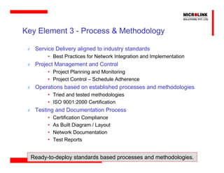 Key Element 3 - Process & Methodology

   Service Delivery aligned to industry standards
        • Best Practices for Network Integration and Implementation
   Project Management and Control
        • Project Planning and Monitoring
        • Project Control – Schedule Adherence
   Operations based on established processes and methodologies
        • Tried and tested methodologies
        • ISO 9001:2000 Certification
   Testing and Documentation Process
        •   Certification Compliance
        •   As Built Diagram / Layout
        •   Network Documentation
        •   Test Reports


  Ready-to-deploy standards based processes and methodologies.
 