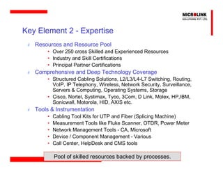 Key Element 2 - Expertise
   Resources and Resource Pool
       • Over 250 cross Skilled and Experienced Resources
       • Industry and Skill Certifications
       • Principal Partner Certifications
   Comprehensive and Deep Technology Coverage
       • Structured Cabling Solutions, L2/L3/L4-L7 Switching, Routing,
         VoIP, IP Telephony, Wireless, Network Security, Surveillance,
         Servers & Computing, Operating Systems, Storage
       • Cisco, Nortel, Systimax, Tyco, 3Com, D Link, Molex, HP,IBM,
         Sonicwall, Motorola, HID, AXIS etc.
   Tools & Instrumentation
       •   Cabling Tool Kits for UTP and Fiber (Splicing Machine)
       •   Measurement Tools like Fluke Scanner, OTDR, Power Meter
       •   Network Management Tools - CA, Microsoft
       •   Device / Component Management - Various
       •   Call Center, HelpDesk and CMS tools

           Pool of skilled resources backed by processes.
 