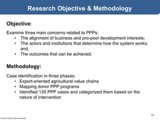 © 2015 CGGC, Duke University
13
Research Objective & Methodology
Objective:
Examine three main concerns related to PPPs:
• The alignment of business and pro-poor development interests;
• The actors and institutions that determine how the system works;
and,
• The outcomes that can be achieved.
Methodology:
Case identification in three phases:
• Export-oriented agricultural value chains
• Mapping donor PPP programs
• Identified 135 PPP cases and categorized them based on the
nature of intervention
 