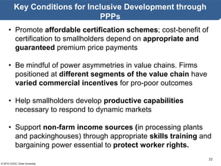 © 2015 CGGC, Duke University
22
Key Conditions for Inclusive Development through
PPPs
• Promote affordable certification schemes; cost-benefit of
certification to smallholders depend on appropriate and
guaranteed premium price payments
• Be mindful of power asymmetries in value chains. Firms
positioned at different segments of the value chain have
varied commercial incentives for pro-poor outcomes
• Help smallholders develop productive capabilities
necessary to respond to dynamic markets
• Support non-farm income sources (in processing plants
and packinghouses) through appropriate skills training and
bargaining power essential to protect worker rights.
 