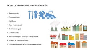 FACTORES DETERMINANTES EN LA MICROLOCALIZACIÓN.
• Área requerida
• Tipo de edificio
• Vialidades
• Agua y electricidad
• Residuos de agua
• Contaminantes
• Instalaciones para el equipo y maquinaria
• Sistema de comercialización
• Tipo de producto o servicio que se va a ofrecer.
 