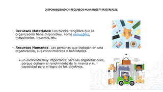 DISPONIBILIDAD DE RECURSOS HUMANOS Y MATERIALES.
• Recursos Materiales: Los bienes tangibles que la
organización tiene disponibles, como inmuebles,
maquinarias, insumos, etc.
• Recursos Humanos: Las personas que trabajan en una
organización, sus conocimientos y habilidades.
 un elemento muy importante para las organizaciones,
porque definen el rendimiento de la misma y su
capacidad para el logro de los objetivos.
 