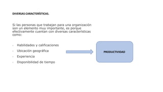 DIVERSAS CARACTERÍSTICAS.
Si las personas que trabajan para una organización
son un elemento muy importante, es porque
efectivamente cuentan con diversas características
como:
- Habilidades y calificaciones
- Ubicación geográfica
- Experiencia
- Disponibilidad de tiempo
PRODUCTIVIDAD
 
