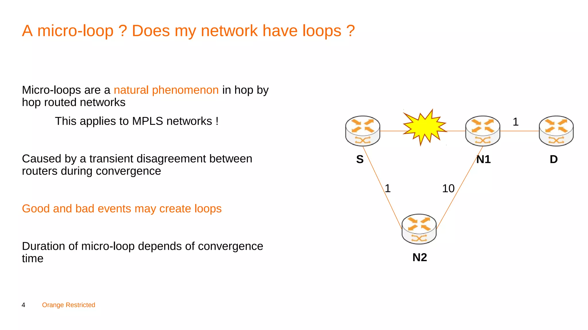 4 Orange Restricted
A micro-loop ? Does my network have loops ?
Micro-loops are a natural phenomenon in hop by
hop routed networks
This applies to MPLS networks !
Caused by a transient disagreement between
routers during convergence
Good and bad events may create loops
Duration of micro-loop depends of convergence
time
S N1
N2
D
1
101
1
 