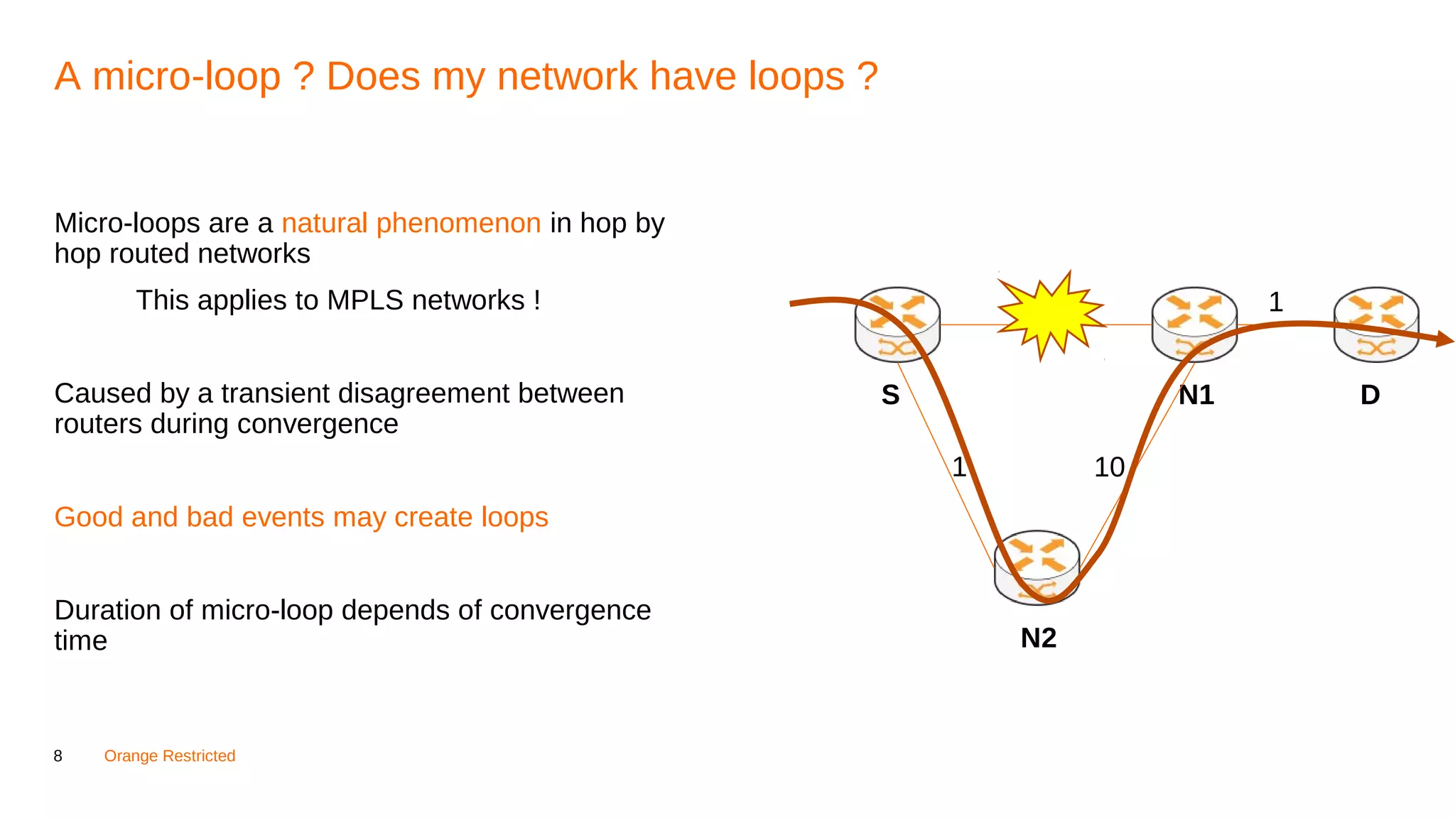 8 Orange Restricted
A micro-loop ? Does my network have loops ?
Micro-loops are a natural phenomenon in hop by
hop routed networks
This applies to MPLS networks !
Caused by a transient disagreement between
routers during convergence
Good and bad events may create loops
Duration of micro-loop depends of convergence
time
S N1
N2
D
1
101
1
 