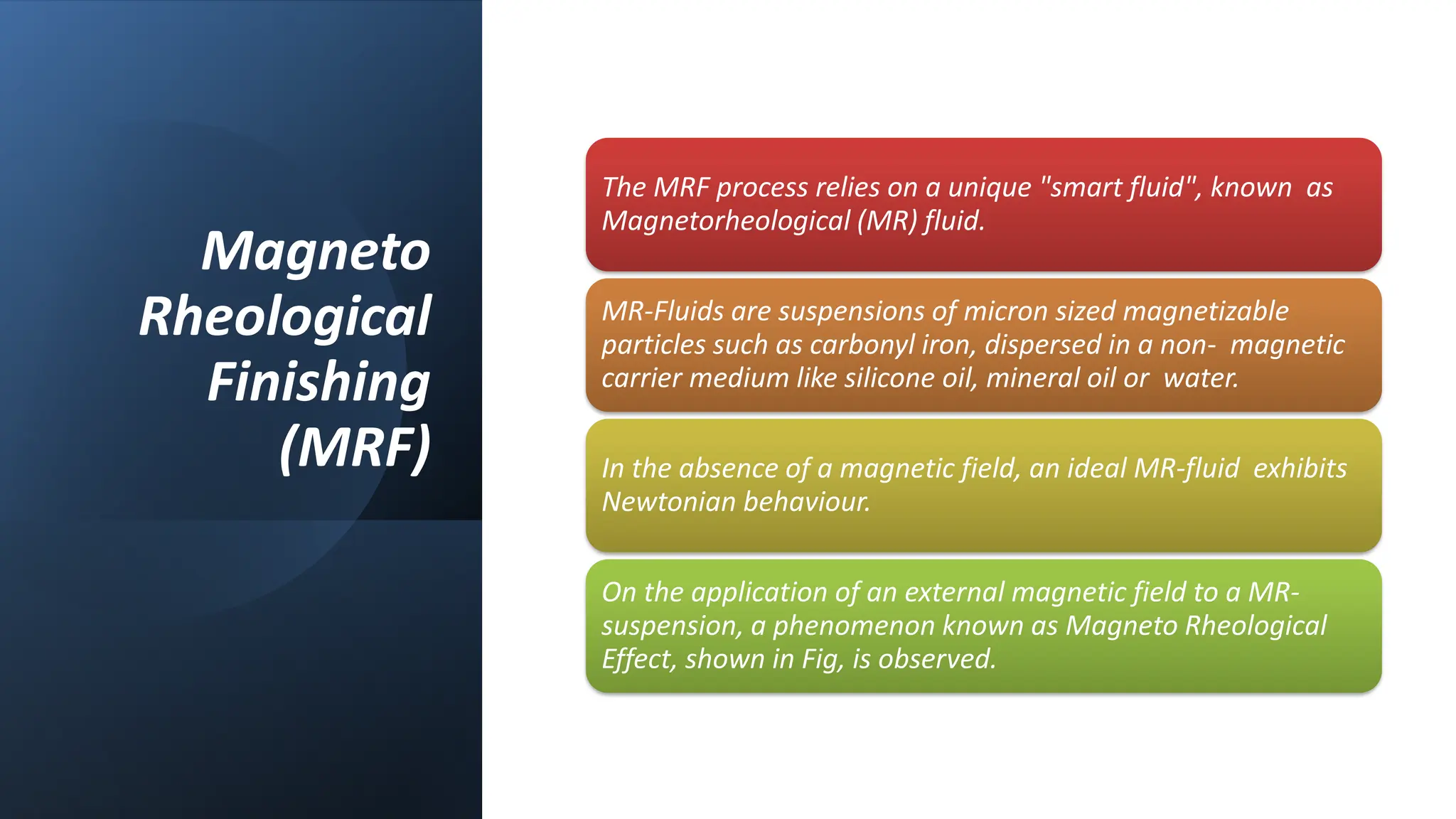 Magneto
Rheological
Finishing
(MRF)
The MRF process relies on a unique "smart fluid", known as
Magnetorheological (MR) fluid.
MR-Fluids are suspensions of micron sized magnetizable
particles such as carbonyl iron, dispersed in a non- magnetic
carrier medium like silicone oil, mineral oil or water.
In the absence of a magnetic field, an ideal MR-fluid exhibits
Newtonian behaviour.
On the application of an external magnetic field to a MR-
suspension, a phenomenon known as Magneto Rheological
Effect, shown in Fig, is observed.
 
