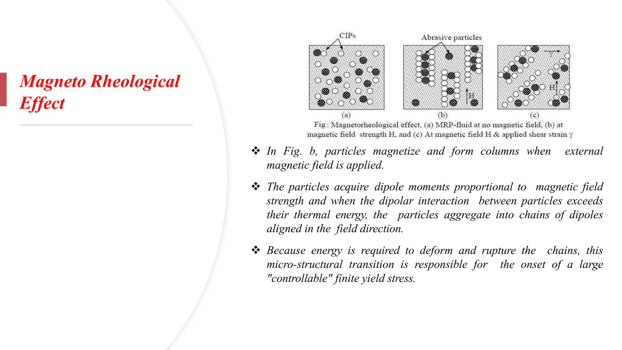 Magneto Rheological
Effect
❖ In Fig. b, particles magnetize and form columns when external
magnetic field is applied.
❖ The particles acquire dipole moments proportional to magnetic field
strength and when the dipolar interaction between particles exceeds
their thermal energy, the particles aggregate into chains of dipoles
aligned in the field direction.
❖ Because energy is required to deform and rupture the chains, this
micro-structural transition is responsible for the onset of a large
"controllable" finite yield stress.
 