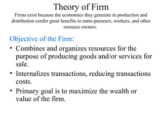 Theory of Firm
Firms exist because the economies they generate in production and
distribution confer great benefits to entre-preneurs, workers, and other
resource owners.

Objective of the Firm:
• Combines and organizes resources for the
purpose of producing goods and/or services for
sale.
• Internalizes transactions, reducing transactions
costs.
• Primary goal is to maximize the wealth or
value of the firm.

 