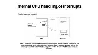 Internal CPU handling of interrupts
Step 1: finish the currently executing macroinstruction. Step 2: save the contents of the
program counter to the interrupt return location. Step 3: load the address held in the
interrupt handler location into the program counter. Resume the fetch and execute
sequence.
Single interrupt support
 