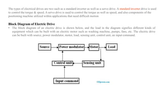The types of electrical drives are two such as a standard inverter as well as a servo drive. A standard inverter drive is used
to control the torque & speed. A servo drive is used to control the torque as well as speed, and also components of the
positioning machine utilized within applications that need difficult motion
Block Diagram of Electric Drive
• The block diagram of an electric drive is shown below, and the load in the diagram signifies different kinds of
equipment which can be built with an electric motor such as washing machine, pumps, fans, etc. The electric drive
can be built with source, power modulator, motor, load, sensing unit, control unit, an input command.
 