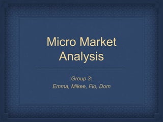 Micro Market
Analysis
Group 3:
Emma, Mikee, Flo, Dom
 