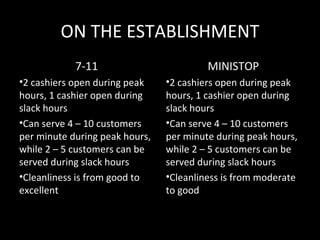 ON THE ESTABLISHMENT
            7-11                         MINISTOP
•2 cashiers open during peak    •2 cashiers open during peak
hours, 1 cashier open during    hours, 1 cashier open during
slack hours                     slack hours
•Can serve 4 – 10 customers     •Can serve 4 – 10 customers
per minute during peak hours,   per minute during peak hours,
while 2 – 5 customers can be    while 2 – 5 customers can be
served during slack hours       served during slack hours
•Cleanliness is from good to    •Cleanliness is from moderate
excellent                       to good
 