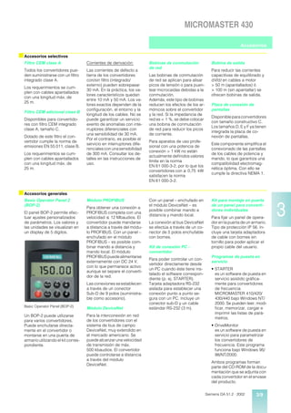 MICROMASTER 430

                                                                                                                            Accesorios

s Accesorios selectivos
  Filtro CEM clase A                  Corrientes de derivación:         Bobinas de conmutación              Bobina de salida
                                                                        de red
  Todos los convertidores pue-        Las corrientes de defecto a                                           Para reducir las corrientes
  den suministrarse con un filtro     tierra de los convertidores       Las bobinas de conmutación          capacitivas de equilibrado y
  integrado clase A.                  con/sin filtro (integrado/        de red se aplican para alisar       dV/dt en cables a motor
                                      externo) pueden sobrepasar        picos de tensión o para puen-       > 50 m (apantallados) ó
  Los requerimientos se cum-
                                      30 mA. En la práctica, los va-    tear microcaídas debidas a la       > 100 m (sin apantallar) se
  plen con cables apantallados
                                      lores característicos quedan      conmutación.                        ofrecen bobinas de salida.
  con una longitud máx. de
                                      entre 10 mA y 50 mA. Los va-      Además, este tipo de bobinas
  25 m.
                                      lores exactos dependen de la      reducen los efectos de los ar-      Placa de conexión de
                                      configuración, el entorno y la    mónicos sobre el convertidor        pantallas
  Filtro CEM adicional clase B
                                      longitud de los cables. No se     y la red. Si la impedancia de
                                                                                                            Disponible para convertidores
  Disponibles para convertido-        puede garantizar un servicio      red es < 1 %, se debe colocar
                                                                                                            con tamaño constructivo C.
  res con filtro CEM integrado        exento de anomalías con inte-     una bobina de conmutación
                                                                                                            Los tamaños D, E y F ya tienen
  clase A, tamaño C.                  rruptores diferenciales con       de red para reducir los picos
                                                                                                            integrada la placa de co-
                                      una sensibilidad de 30 mA.        de corriente.
  Dotado de este filtro el con-                                                                             nexión de pantallas.
                                      Por el contrario, es posible el
  vertidor cumple la norma de                                           Para aparatos de uso profe-
                                      servicio en interruptores dife-                                       Este componente simplifica el
  emisiones EN 55 011, clase B.                                         sional con una potencia de
                                      renciales con una sensibilidad                                        conexionado de las pantallas
                                                                        conexión > 1 kW no están
  Los requerimientos se cum-          de 300 mA. Consultar los de-                                          de los cables de potencia y
                                                                        actualmente definidos valores
  plen con cables apantallados        talles en las instrucciones de                                        mando, lo que garantiza una
                                                                        límite en la norma
  con una longitud máx. de            uso.                                                                  compatibilidad electromag-
                                                                        EN 61 000-3-2, por lo que los
  25 m.
                                                                                          ³
                                                                        convertidores con 0,75 kW
                                                                                                            nética óptima. Con ello se
                                                                                                            cumple la directiva NEMA 1.
                                                                        satisfacen la norma
                                                                        EN 61 000-3-2.


s Accesorios generales
  Basic Operator Panel 2              Módulo PROFIBUS                   Con un panel – enchufado en         Kit para montaje en puerta
  (BOP-2)
  El panel BOP-2 permite efec-
  tuar ajustes personalizados
  de parámetros. Los valores y
                                      Para obtener una conexión a
                                      PROFIBUS completa con una
                                                £
                                      velocidad 12 Mbaudios. El
                                      convertidor puede mandarse
                                                                        el módulo DeviceNet – es
                                                                        posible combinar mando a
                                                                        distancia y mando local.
                                                                        La conexión al bus DeviceNet
                                                                                                            de un panel para converti-
                                                                                                            dores individuales
                                                                                                            Para fijar un panel de opera-
                                                                                                            dor en la puerta de un armario.
                                                                                                                                              3
  las unidades se visualizan en       a distancia a través del módu-    se efectúa a través de un co-       Tipo de protección IP 56. In-
  un display de 5 dígitos.            lo PROFIBUS. Con un panel –       nector de 5 polos enchufable        cluye una tarjeta adaptadora
                                      enchufado en el módulo            con bornes.                         de cable con bornes sin
                                      PROFIBUS – es posible com-                                            tornillo para poder aplicar el
                                      binar mando a distancia y         Kit de conexión PC -                propio cable del usuario.
                                      mando local. El módulo            convertidor
                                      PROFIBUS puede alimentarse                                            Programas de puesta en
                                                                        Para poder controlar un con-
                                      externamente con DC 24 V,                                             servicio
                                                                        vertidor directamente desde
                                      con lo que permanece activo
                                                                        un PC cuando éste tiene ins-        • STARTER
                                      aunque se separe el converti-
                                                                        talado el software correspon-         es un software de puesta en
                                      dor de la red.
                                                                        diente (p. ej. STARTER).              servicio asistido gráfica-
                                      Las conexiones se establecen      Tarjeta adaptadora RS-232             mente para convertidores
                                      a través de un conector           aislada para establecer una           de frecuencia
                                      Sub-D de 9 polos (suministra-     conexión punto a punto se-            MICROMASTER 410/420/
                                      ble como accesorio).              gura con un PC. Incluye un            430/440 bajo Windows NT/
                                                                        conector sub-D y un cable             2000. Se pueden leer, modi-
  Basic Operator Panel (BOP-2)
                                      Módulo DeviceNet                  estándar RS-232 (3 m).                ficar, memorizar, cargar e
                                                                                                              imprimir las listas de pará-
  Un BOP-2 puede utilizarse           Para la interconexión en red
                                                                                                              metros.
  para varios convertidores.          de los convertidores con el
  Puede enchufarse directa-           sistema de bus de campo                                               • DriveMonitor
  mente en el convertidor o           DeviceNet, muy extendido en                                             es un software de puesta en
  montarse en una puerta de           el mercado americano. Se                                                servicio para parametrizar
  armario utilizando el kit corres-   puede alcanzar una velocidad                                            los convertidores de
  pondiente.                          de transmisión de máx.                                                  frecuencia. Este programa
                                      500 kbaudios. El convertidor                                            funciona bajo Windows 95/
                                      puede controlarse a distancia                                           98/NT/2000.
                                      a través del módulo
                                                                                                            Ambos programas forman
                                      DeviceNet.
                                                                                                            parte del CD-ROM de la docu-
                                                                                                            mentación que se adjunta con
                                                                                                            cada convertidor en el envase
                                                                                                            del producto.

                                                                                                         Siemens DA 51.2 · 2002      3/9
 