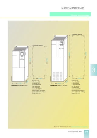 MICROMASTER 430

                                                                                                                                                      Dibujos dimensionales




                                                                                                                                                      Plantilla de taladros




                                                    Plantilla de taladros




                                                                                                                                                                                  1110 (43,70)
                                                                                                                                       1150 (45,28)
                                      850 (33,46)




                                                                                810 (31,89)




                                                                                                                                                                                                 3
                                                                                              CDA51-5023b
CDA51-5022b




                                                           300 (11,81)                                                                                       300 (11,81)

                                                    Fijación con                                                                                      Fijación con
                                                                                                                             (1 320
                            (1 320




                                                                                                                                  6)
                                 6)




                                                    4 tornillos M8,                                                                                   4 tornillos M8,
                                                                                                                               2,
                              2,




              350 (13,78)                           4 tuercas M8,                                           350 (13,78)                               4 tuercas M8,
                                                    4 arandelas M8                                                                                    4 arandelas M8
Convertidor tamaño F sin filtro                                                               Convertidor tamaño F con filtro
                                                    Par de apriete                                                                                    Par de apriete
                                                    con arandela                                                                                      con arandela
                                                    colocada: 3,0 Nm                                                                                  colocada: 3,0 Nm
                                                    Espacio libre necesario                                                                           Espacio libre necesario
                                                    para ventilación arriba y                                                                         para ventilación arriba y
                                                    abajo: 350 mm                                                                                     abajo: 350 mm




                                                                                                            Todas las dimensiones en mm (entre paréntesis en pulgadas)



                                                                                                                                       Siemens DA 51.2 · 2002                     3/15
 
