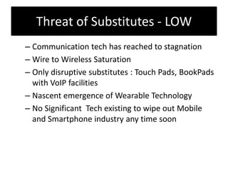 Threat of Substitutes - LOW
– Communication tech has reached to stagnation
– Wire to Wireless Saturation
– Only disruptive substitutes : Touch Pads, BookPads
with VoIP facilities
– Nascent emergence of Wearable Technology
– No Significant Tech existing to wipe out Mobile
and Smartphone industry any time soon
 