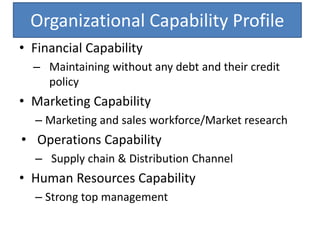 Organizational Capability Profile
• Financial Capability
– Maintaining without any debt and their credit
policy
• Marketing Capability
– Marketing and sales workforce/Market research
• Operations Capability
– Supply chain & Distribution Channel
• Human Resources Capability
– Strong top management
 