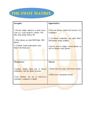 THE SWOT MATRIX
Strengths:
1.Provide simple functions at much lower
costs e.g.- Loud speakers, wireless FM,
ultra long lasting battery life
2..Most phones are dual SIM/Triple SIM
phones
3. Celebrity brand ambassadors have
helped the brand grow
Opportunities:
1.Low-end phones market has become very
competitive
2. Cut-throat competition has made Dual-
SIM phones being available
3.Can be used as simple second phones as
well as cheaper smart phones
Weaknesses:
1.Limited market share due to intense
competition and less global presence
2.User interface for not so tech-savvy
consumers compared to Apple•
Threats:
1.Threat from low price well known brands
2.Other lower end phones brands
 